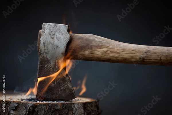 Fototapeta Axe striking a log with flames rising in the background, creating a dramatic and powerful atmosphere at twilight in a rustic setting