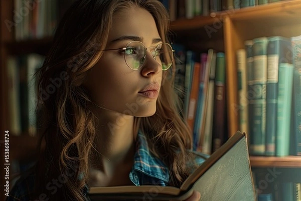 Fototapeta Young Beautiful Woman with Glasses Holding a Notebook and Looking at the Bookshelf