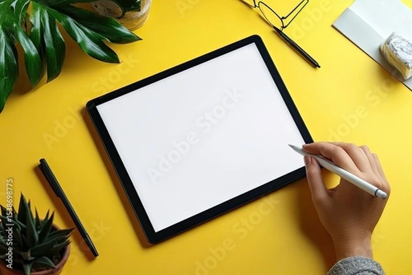 Fototapeta High Definition Visual of Designer Working on Graphic Digital Tablet with Stylus on Yellow Desk