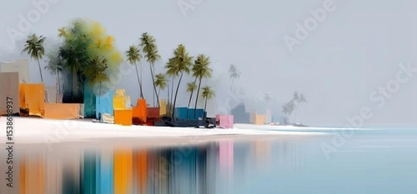 Fototapeta Colorful beach huts and palm trees on tropical shore in dreamy abstract painting style with water reflections. Concept of island escape, artistic travel fantasy, and exotic serenity