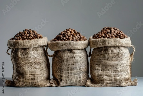 Fototapeta Detailed Color Picture of Three Burlap Sacks Filled with Fresh Roasted Coffee Beans