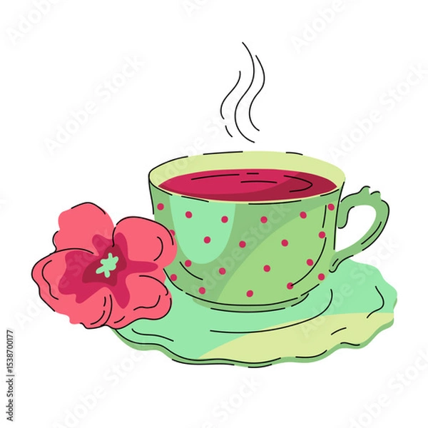 Fototapeta Porcelain cup with hot tea. Hibiscus tea in a green cup with dots. Red hibiscus flower lies on the saucer. Elegant cup with steam. Vector illustration, isolated on white. Cute design. Cartoon