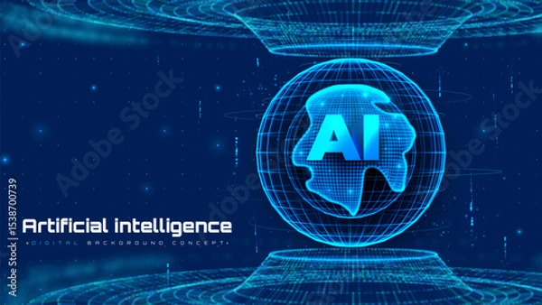 Fototapeta Futuristic technology background with glowing circle mesh and blue neon light effect. Future world backdrop design concept powered by AI artificial intelligence.