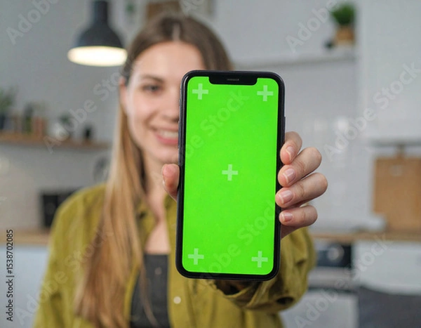 Fototapeta Mockup image of a beautiful woman pointing at a mobile phone with a chroma green screen