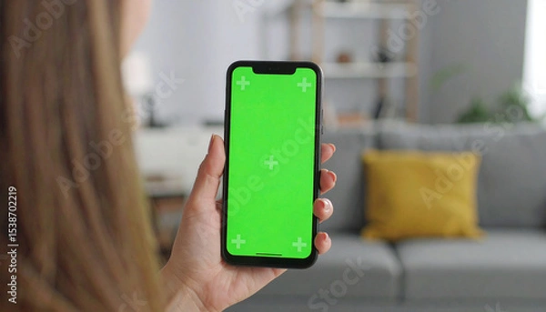 Fototapeta Feminine Hand Holding a Smartphone with Green Screen Mock Up Display. Female is Relaxing on a Couch at Home, Watching Videos and Reading Social Media Posts on Mobile Device. Close Up POV Photo.