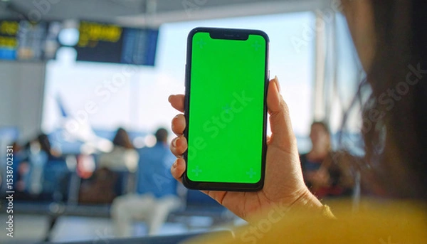 Fototapeta POV, Person using smartphone with green screen at airport terminal or train station, waiting for transport. Copy space