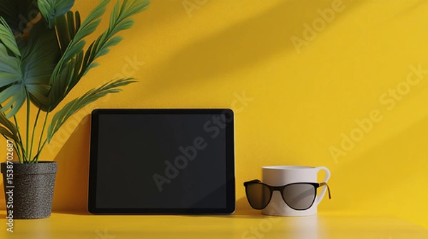 Fototapeta simple, minimalistic black matte tablet, sunglasses, and mug on a table with a yellow background.