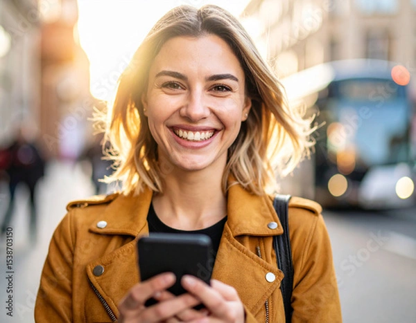 Fototapeta Woman on street using phone at evening
