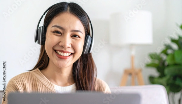 Fototapeta Happy young woman using laptop sitting at desk writing notes while watching webinar, studying online, looking at pc screen learning web classes or having virtual call meeting remote working from home.