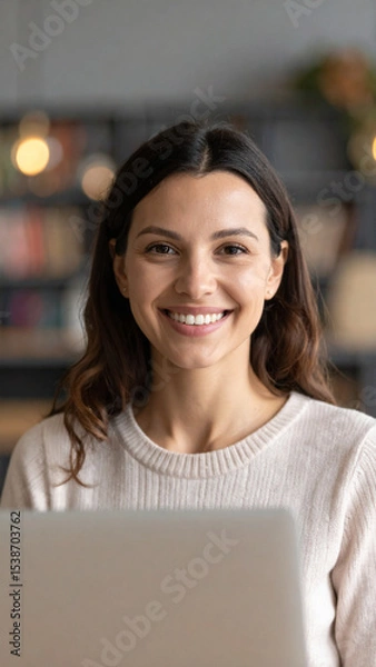 Fototapeta Happy young woman using laptop sitting at desk writing notes while watching webinar, studying online, looking at pc screen learning web classes or having virtual call meeting remote working from home.