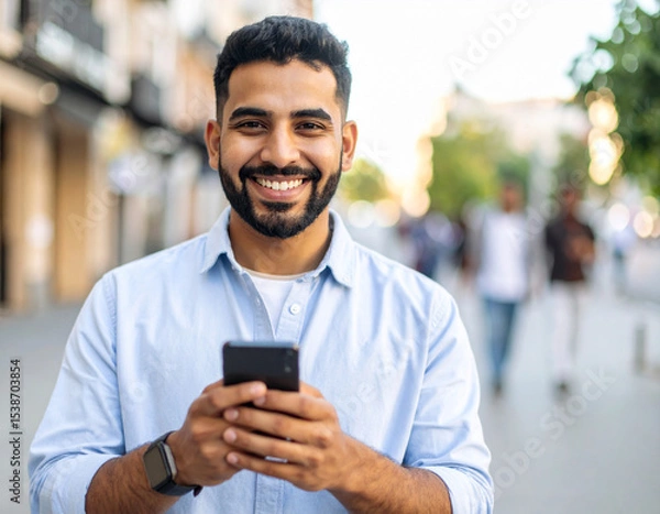Fototapeta Smiling man with phone in hand looking at camera in urban setting – lifestyle, digital communication, and real people
