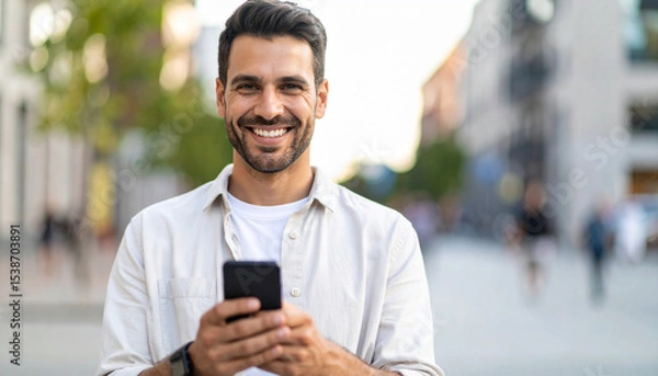 Fototapeta Smiling man with phone in hand looking at camera in urban setting – lifestyle, digital communication, and real people
