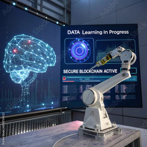 Fototapeta Futuristic AI Brain with Robotic Arm and Blockchain Data Interface – 3D Render