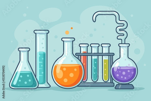 Fototapeta Science laboratory glassware vector illustration. Chemistry lab equipment with test tubes, flasks, and beakers. Bubbling chemical solutions for a science experiment or research.