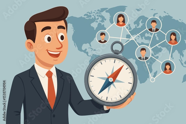Fototapeta Global marketing strategy concept. Businessman with a compass for guiding business direction. International network, customer connection, and communication path on a world map.