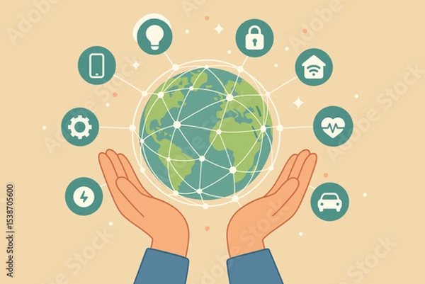 Fototapeta Smart technology and Internet of Things (IoT) concept. Hands holding globe with global network. Digital ecosystem with icons for home, health, car, security, energy, communication.