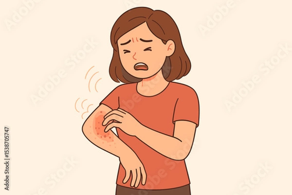 Fototapeta Woman scratching an itchy arm with a red rash. Allergic reaction and skin irritation concept. Eczema or dermatitis symptom. Dermatology health problem. Uncomfortable person.