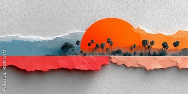 Fototapeta Tropical sunset landscape with palm trees in torn paper collage style and bold colors. Concept of surreal travel, modern design, and exotic escape