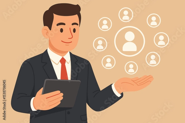 Fototapeta Digital leadership concept. Businessman holding tablet and presenting team structure. Manager showing network connection. Human resources, management, collaboration, and teamwork.