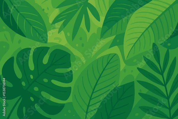 Fototapeta Lush green jungle background with tropical leaves. Stylized vector illustration of exotic foliage, monstera and palm. Abstract botanical nature pattern for summer design.