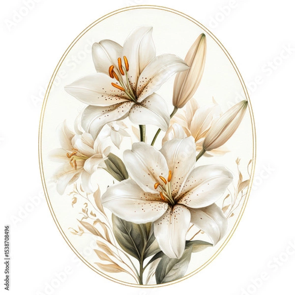 Fototapeta A white flower with yellow spots is the main focus of the image. The flower is surrounded by green leaves and stems, and it is a bouquet of flowers