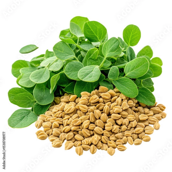 Fototapeta A bunch of green leaves and some nuts are piled on top of each other. The nuts are small and round, and the leaves are large and leafy. Concept of abundance and natural beauty