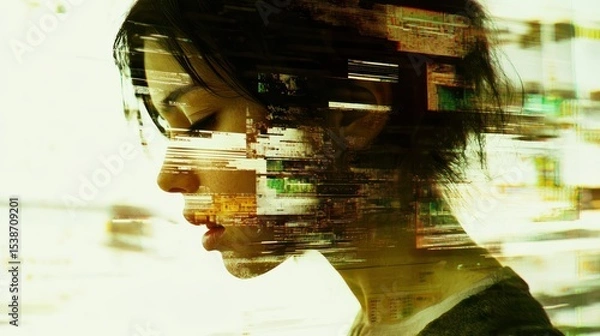 Fototapeta Glitch-Styled Portrait of a Woman with Data Distortion Overlay