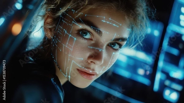 Fototapeta Confident Woman with Blue Scanning Grid on Face in High-Tech Setting
