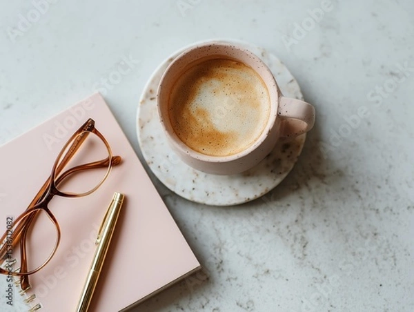 Fototapeta A warm coffee cup rests on a notebook beside glasses and a pen, creating a perfect study or work setting.