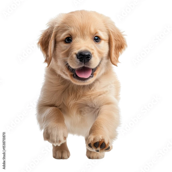 Fototapeta Adorable golden retriever puppy with playful expression, running towards the camera, showcasing personality and charm transparent background