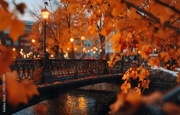 Fototapeta Autumnal Cityscape Orange Leaves Frame a Bridge at Dusk