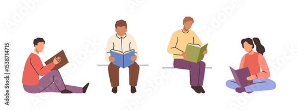 Obraz Characters reading books, students preparing for exams. Vector isolated people enjoying textbooks, literature education and studying. Personages doing exercises, bookworm hobby of men and women