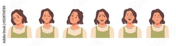 Obraz Female character expressing sadness and negative emotions. Vector in flat style, isolated woman feeling down or upset. Sadness mimics and running tears, avatar or portrait of young girl