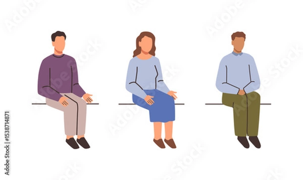 Obraz Relaxed calm people sitting on seats. Vector in flat style, isolated set of man and woman with no face. Colleagues or students, business characters collaborating or attending meeting, teamwork