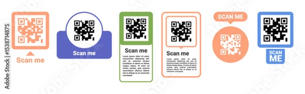 Obraz Labels with generated qr codes for retail business or branding. Vector in flat style, isolated set of stickers with barcode for payment or brand recognition advertisement. Scan me symbol with text