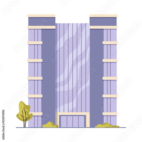 Obraz Exterior of glass office building with multiple stories. Vector isolated flat of business center or commercial estate, downtown skyscrapers architecture of big city. Cityscape view of construction