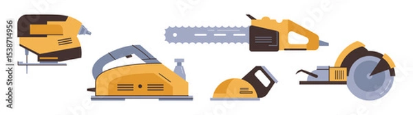 Obraz Handyman and carpenter tools. Vector in flat style, isolated set of icons for builders and workers. Sanding machine and jigsaw, saw with sharp blade for cutting wood, woodwork and construction