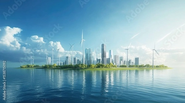 Fototapeta Modern Urban Landscape with Wind Turbines and Water Reflection Under Bright Sky