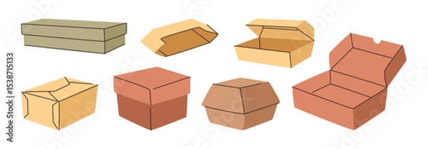 Obraz Bags and boxes for takeaway delivery. Vector in flat style, isolated set of eco packaging for food and dishes from shops and restaurants. Cardboard recyclable paper for take out products or orders