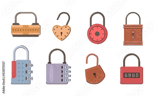Fototapeta Locked and unlocked padlocks with codes, isolated set. Vector lock with keyhole in form of circle, heart and rectangle. Confidentiality and security of gates and lockers, storage units and luggage