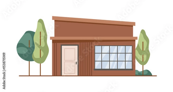 Obraz Shop exterior with trees and lawn. Vector isolated supermarket building facade with wooden design, panoramic window and entrance. Small shopping store with minimalist architectural elements