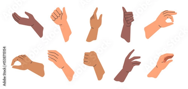 Obraz Giving or taking hand gestures set, isolated palms with fingers. Vector help or assistance sign, cartoon icons. Non verbal communication, body movements collection. Speech or convey emotions