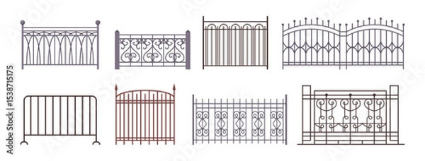 Obraz Fence gates set. Vector isolated metal entrance and barriers with decorative motifs. Wrought fence, steel forge doors with wrought iron. Antique garden or park doorway with forged ornaments