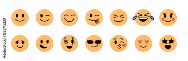 Obraz Stickers emotions face set. Vector isolated facial expression. Sticking out tongue and winking, happiness and laughter, joy and gladness feeling, in love and kiss