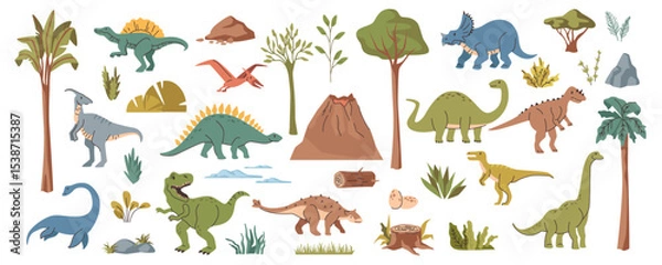 Obraz Prehistoric period animals, set of dinosaurs with trees and grasses. Vector dino triceratops and stegosaurus, Jurassic creatures and species with wings, fins and claws. Marine and land wild reptile
