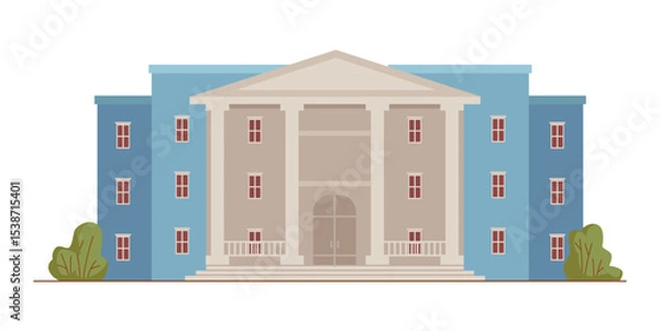 Obraz Bank exterior facade, public building with large doors and imposing columns. Vector university or school establishment. Classic architecture of community structure, institution of authorities