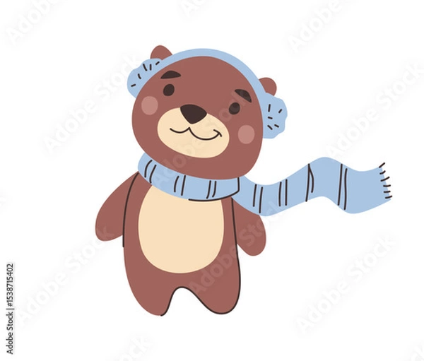 Obraz Christmas character, isolated bear wearing knitted scarf and headwear. Vector in flat style, friendly personage or sticker, cute emoticon or postcard design. Smiling animal, winter time