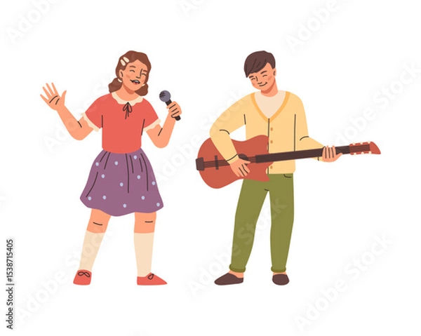 Obraz Girl holding microphone and singing, boy playing guitar. Vector isolated child cartoon characters in musicians roll. Music concert or practicing for festival, children professions and education