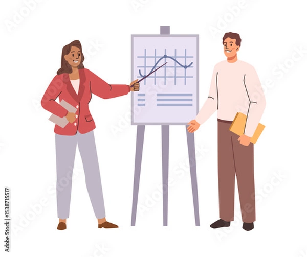 Fototapeta Employees in office working on project tasks. Vector isolated people discussing and brainstorming for ideas. Business development and growth in company. Presentation with charts and diagrams