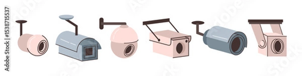 Obraz Security cam collection, isolated cctv video cameras. Vector devices for street observe surveillance front and side angle view. Secure guard and property protection, crime prevention